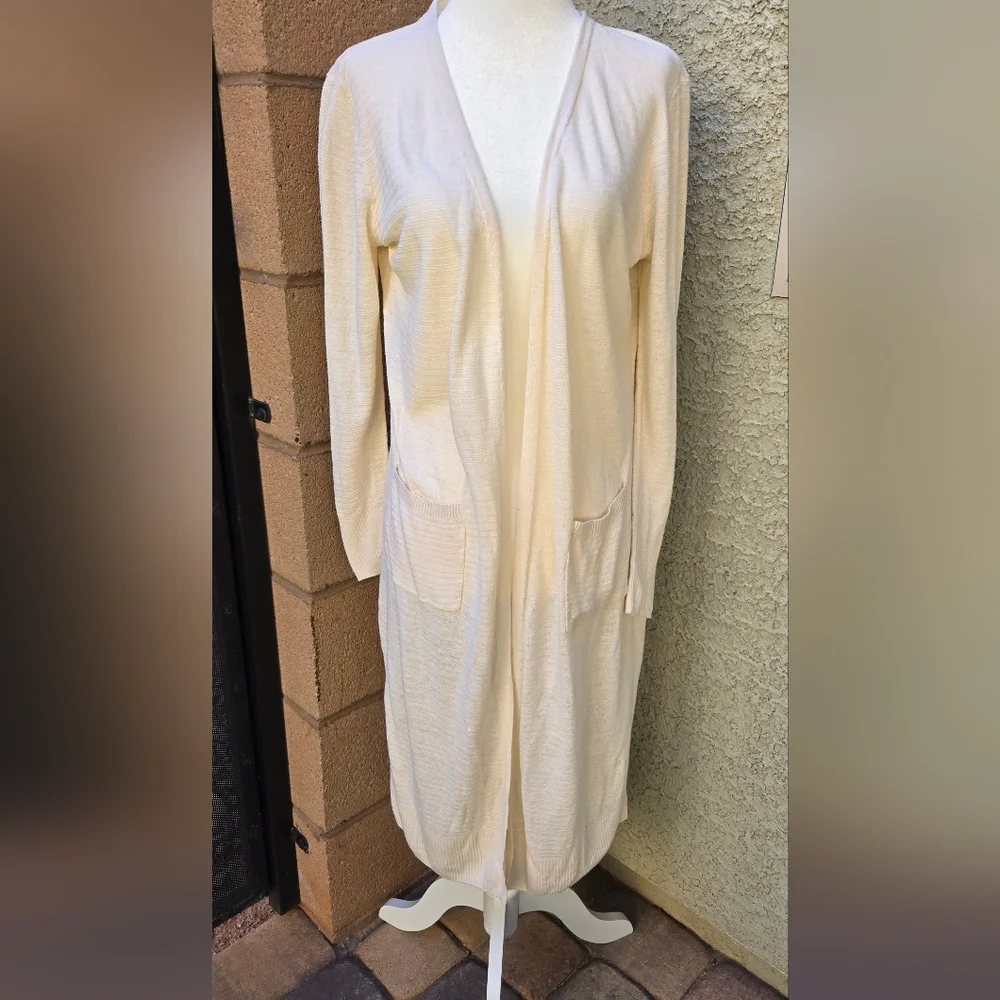 Rachel Zoe Cream Long Open-Front Cardigan with Pockets
